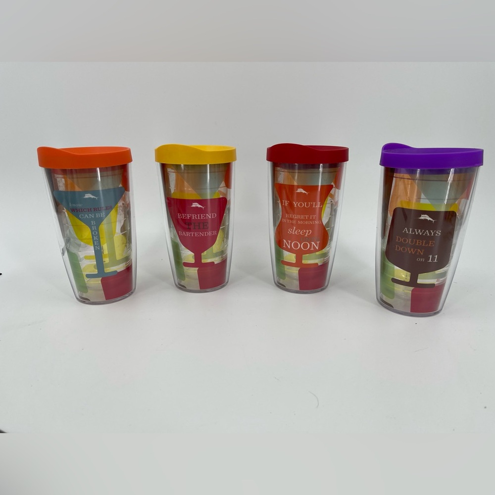 Tommy Bahama Tervis Tumbler 16 Oz Lot of 4 Different Sayings each w/ Travel Lid